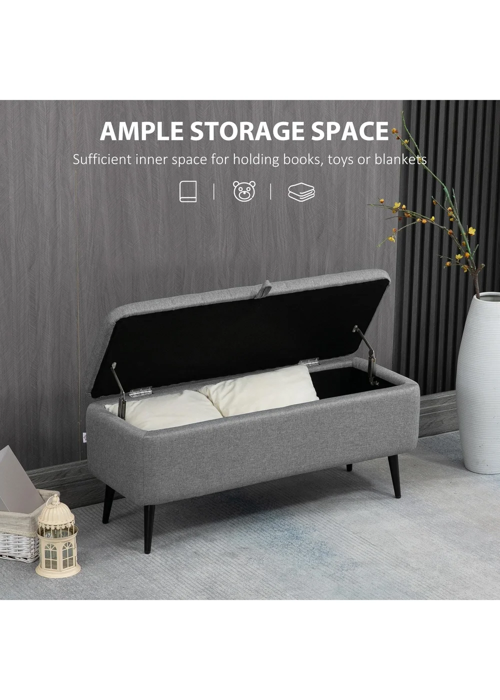 HOMCOM Grey Storage Ottoman Bench with Steel Legs (102cm x 40cm x 44cm) - One Size Image 4