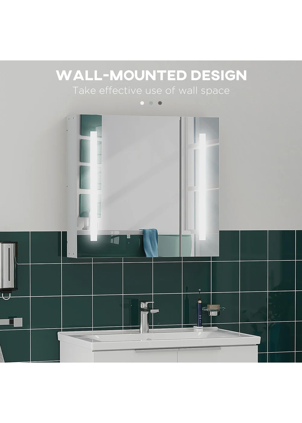 kleankin White LED Illuminated Mirror Cabinet (70cm x 15cm x 65cm) - One Size Image 5