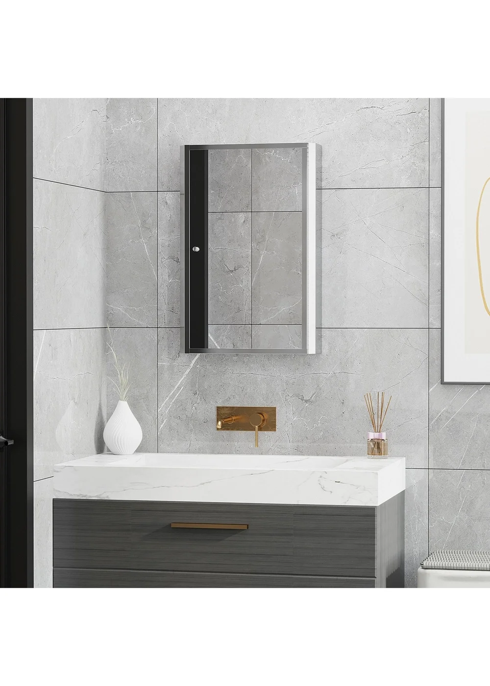 HOMCOM Silver Mirror Cabinet Shelves (60cm x 40cm x 13cm) - One Size Image 1