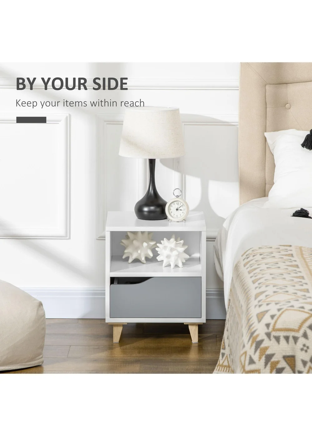 HOMCOM White Bedroom Bedside Table (36.8cm x 33cm x 43.8cm) - One Size Image 4