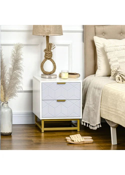HOMCOM White Bedside Table W/ 2 Drawers (40cm x 40cm x 48.5cm) - One Size Image 2