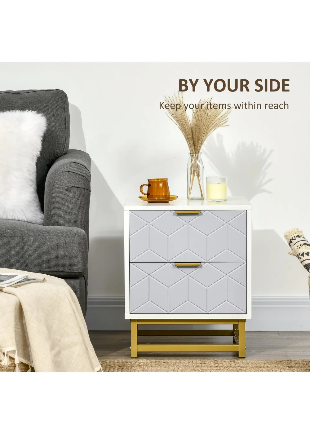 HOMCOM White Bedside Table W/ 2 Drawers (40cm x 40cm x 48.5cm) - One Size Image 4