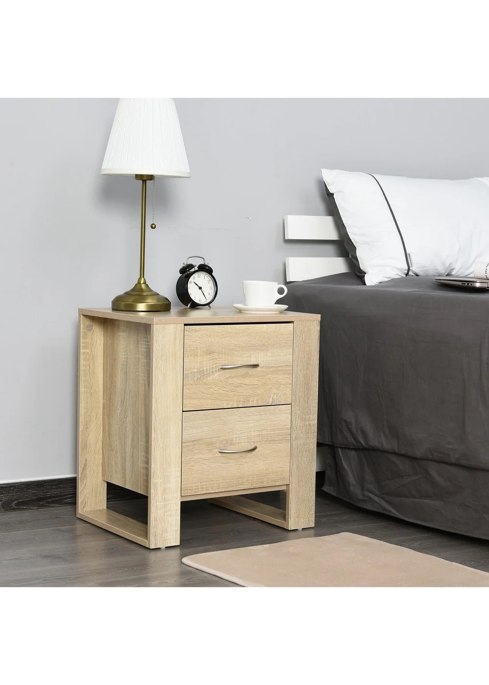 HOMCOM Brown 2 Drawer Boxy Bedside Table (48cm x 39cm x 54cm) - One Size Image 2