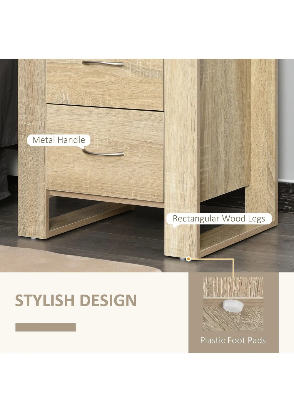 HOMCOM Brown 2 Drawer Boxy Bedside Table (48cm x 39cm x 54cm) - One Size Image 5