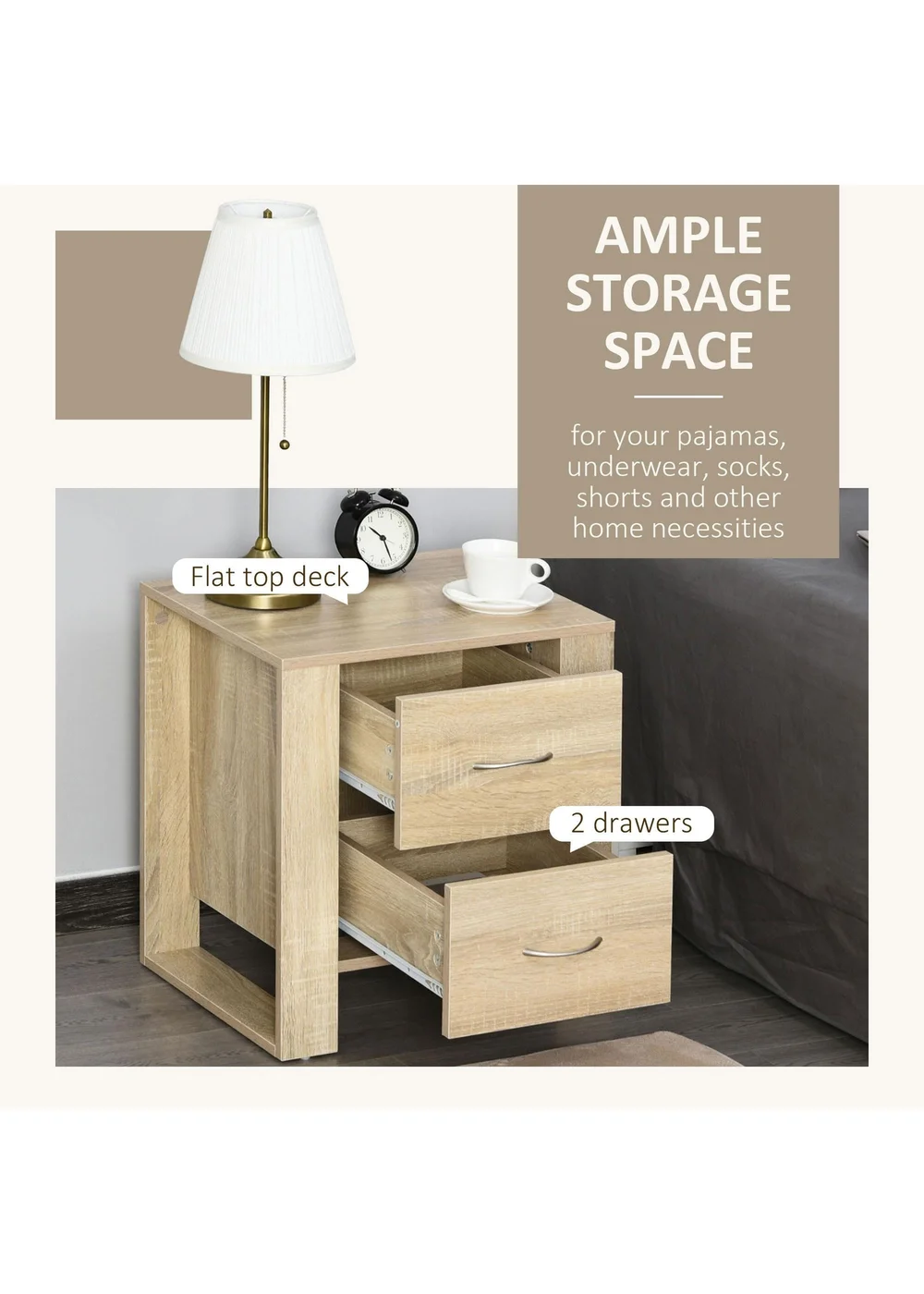 HOMCOM Brown 2 Drawer Boxy Bedside Table (48cm x 39cm x 54cm) - One Size Image 4