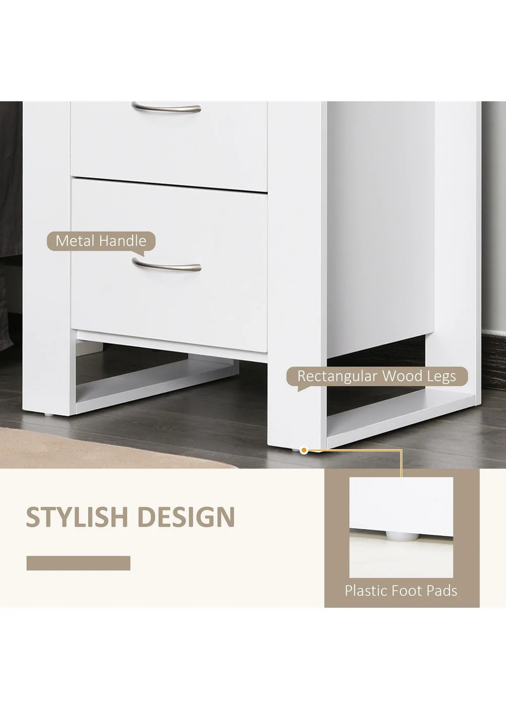 HOMCOM White 2 Drawer Boxy Bedside Table (48cm x 39cm x 54cm) - One Size Image 5