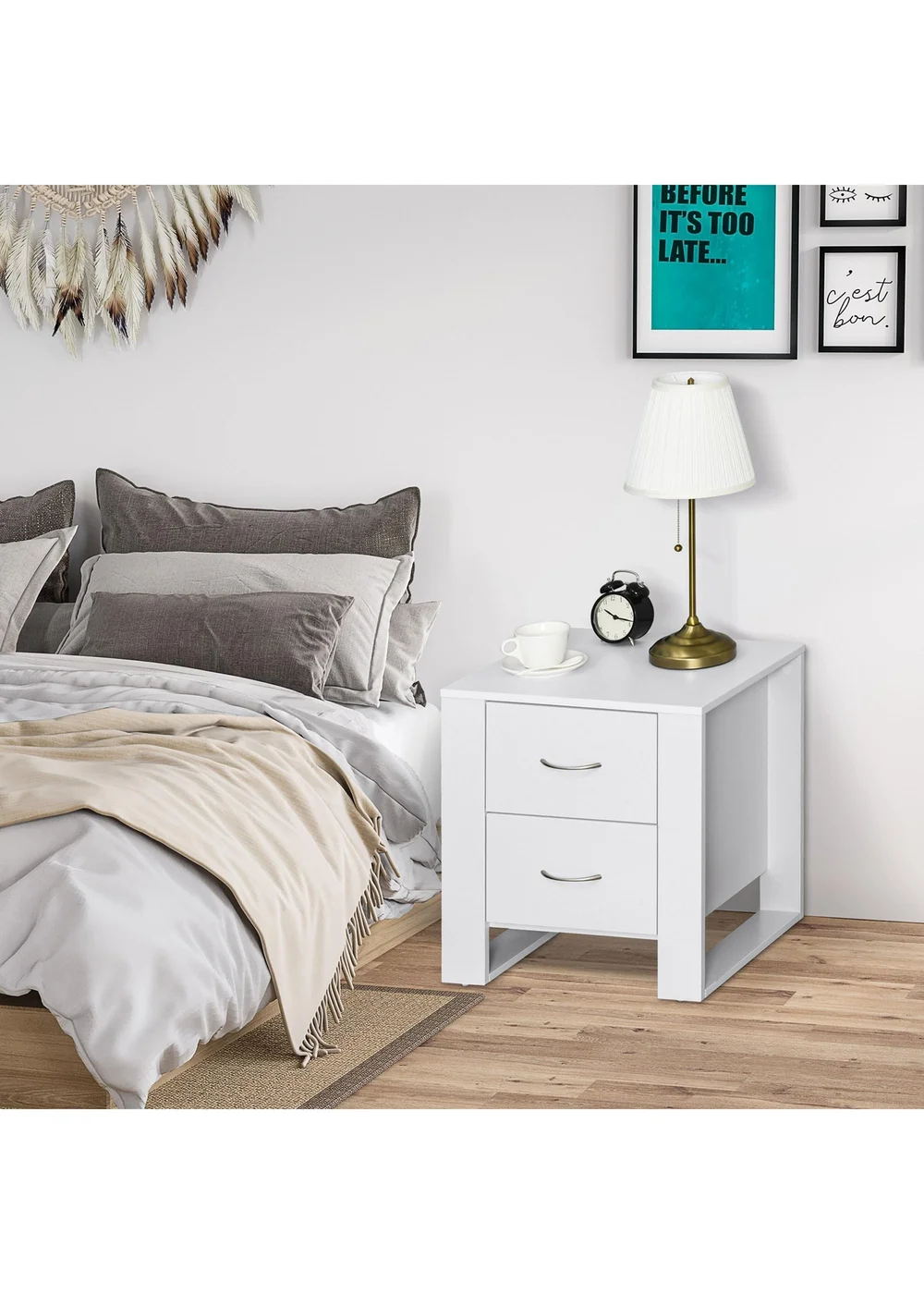 HOMCOM White 2 Drawer Boxy Bedside Table (48cm x 39cm x 54cm) - One Size Image 1