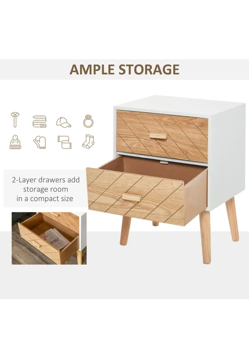 HOMCOM White 2 Drawers Bedside Table (40cm x 30cm x 55.5cm) - One Size Image 5