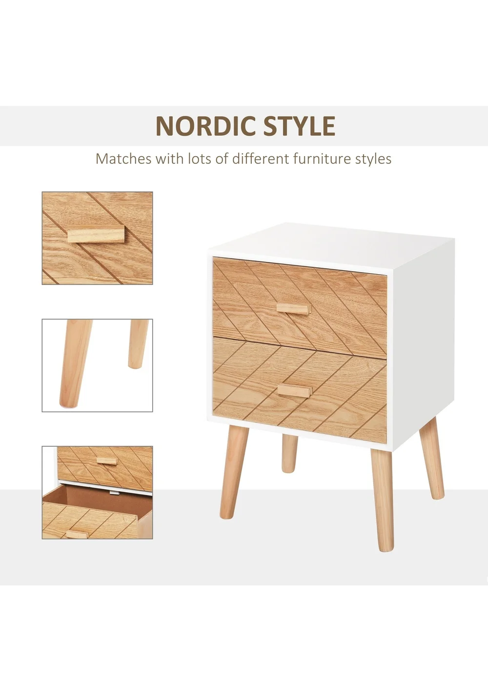 HOMCOM White 2 Drawers Bedside Table (40cm x 30cm x 55.5cm) - One Size Image 4