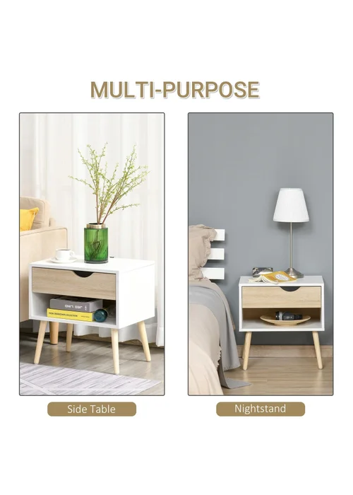 HOMCOM White Bedside Table with Drawer & Shelf (50cm x 39cm x 51cm) - One Size Image 4