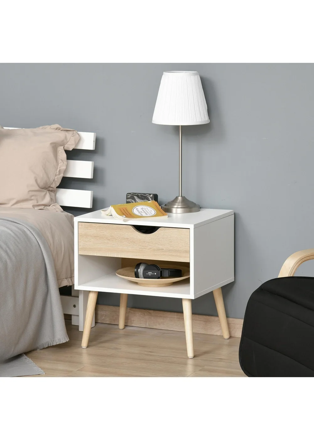 HOMCOM White Bedside Table with Drawer & Shelf (50cm x 39cm x 51cm) - One Size Image 2