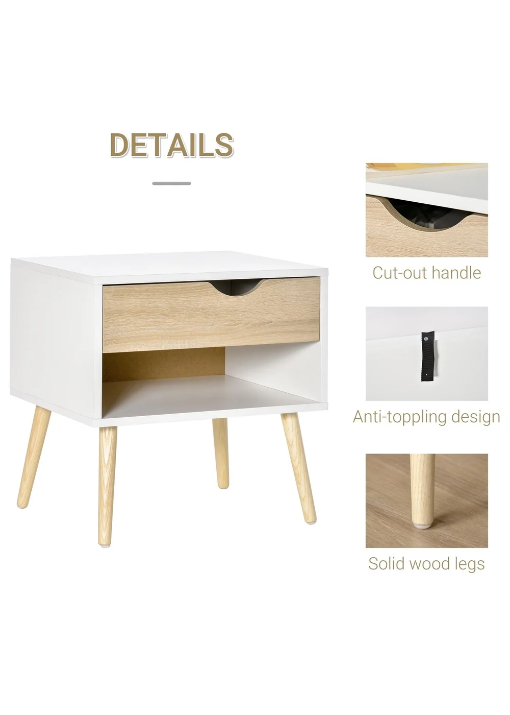 HOMCOM White Bedside Table with Drawer & Shelf (50cm x 39cm x 51cm) - One Size Image 5