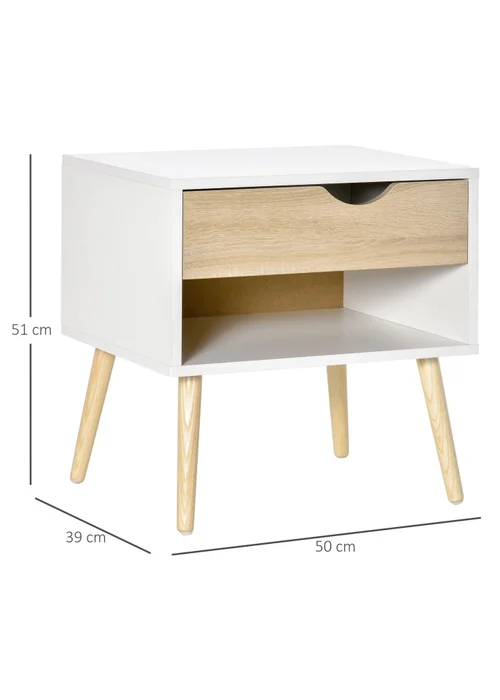 HOMCOM White Bedside Table with Drawer & Shelf (50cm x 39cm x 51cm) - One Size Image 3