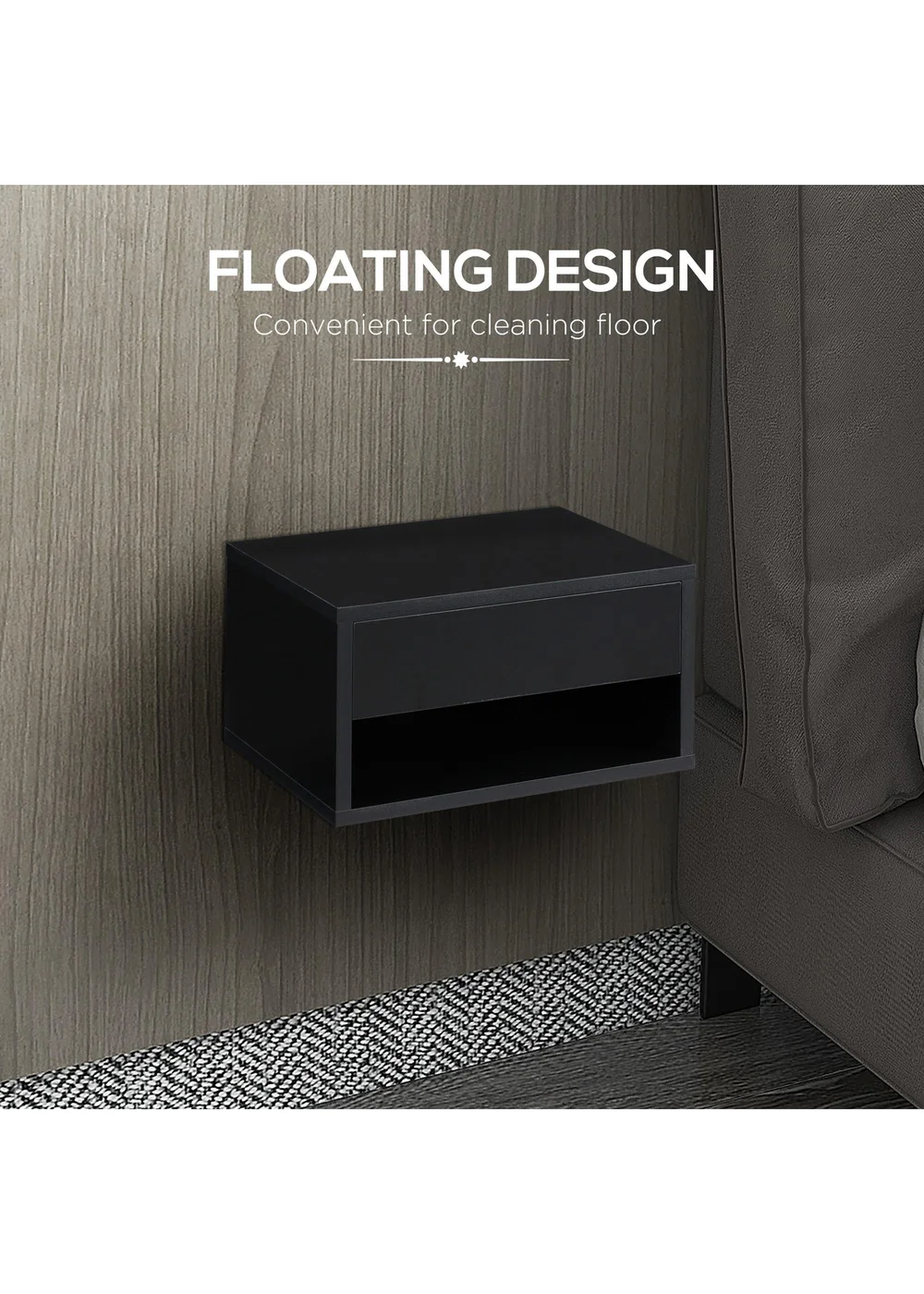 HOMCOM Black Floating Bedside Table Set of 2 (37cm x 32cm x 21cm) - One Size Image 5