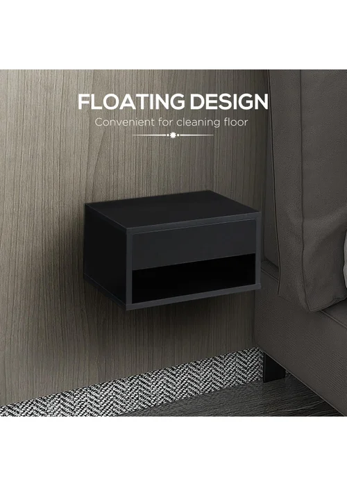 HOMCOM Black Floating Bedside Table Set of 2 (37cm x 32cm x 21cm) - One Size Image 5