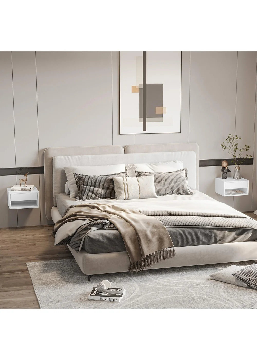 HOMCOM White Floating Bedside Table Set of 2 (37cm x 32cm x 21cm) - One Size Image 1