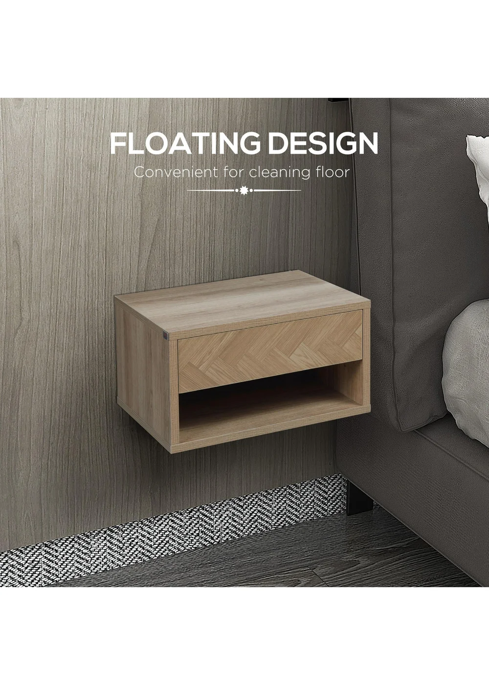 HOMCOM Natural Floating Bedside Table Set of 2 (37cm x 32cm x 21cm) - One Size Image 5