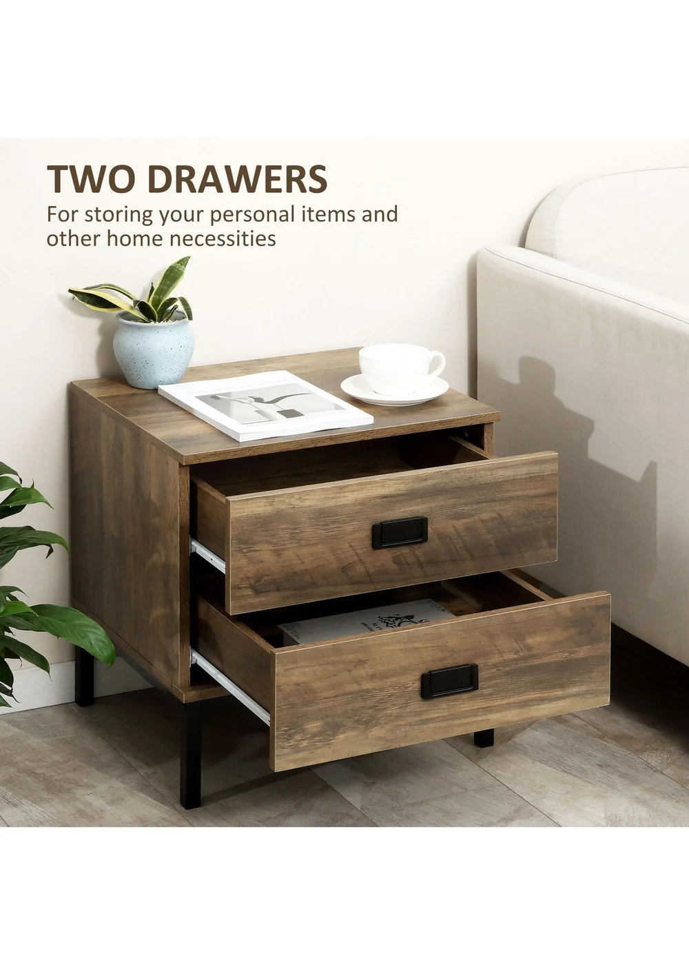 HOMCOM Brown Retro Metal Frame Bedside Table (45cm x 39cm x 50cm) - One Size Image 5