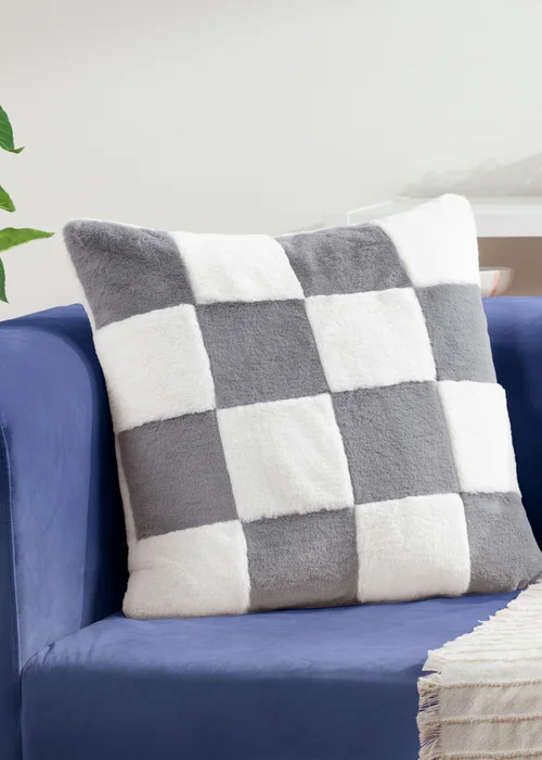 Heya Home Cozee Check Faux Fur Filled Cushion (50 x 50 x 8 cm) - One Size Image 1