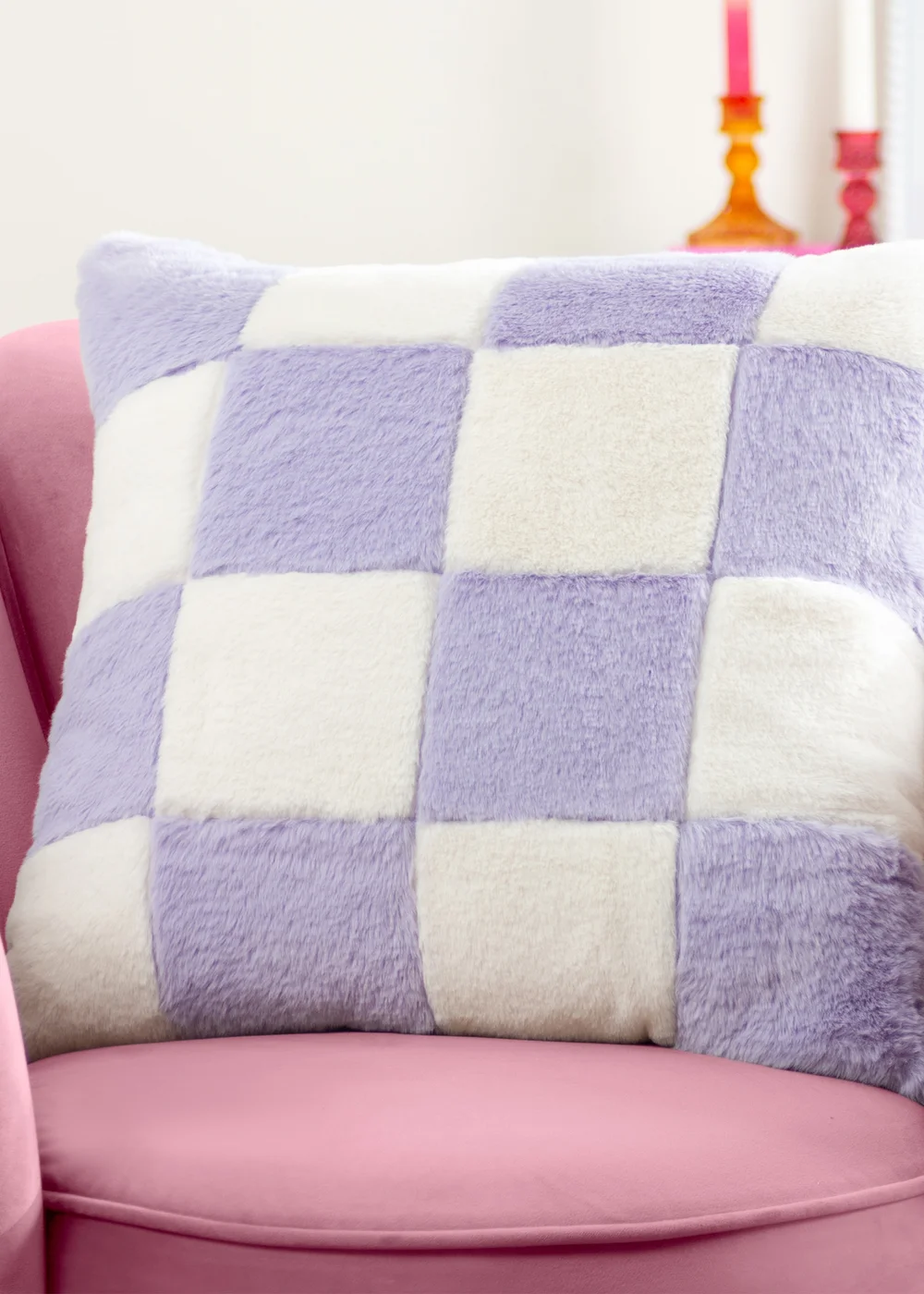 Heya Home Cozee Check Faux Fur Filled Cushion (50 x 50 x 8 cm) - One Size Image 1