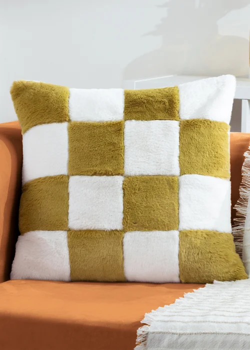 Heya Home Cozee Check Faux Fur Filled Cushion (50 x 50 x 8 cm) - One Size Image 1