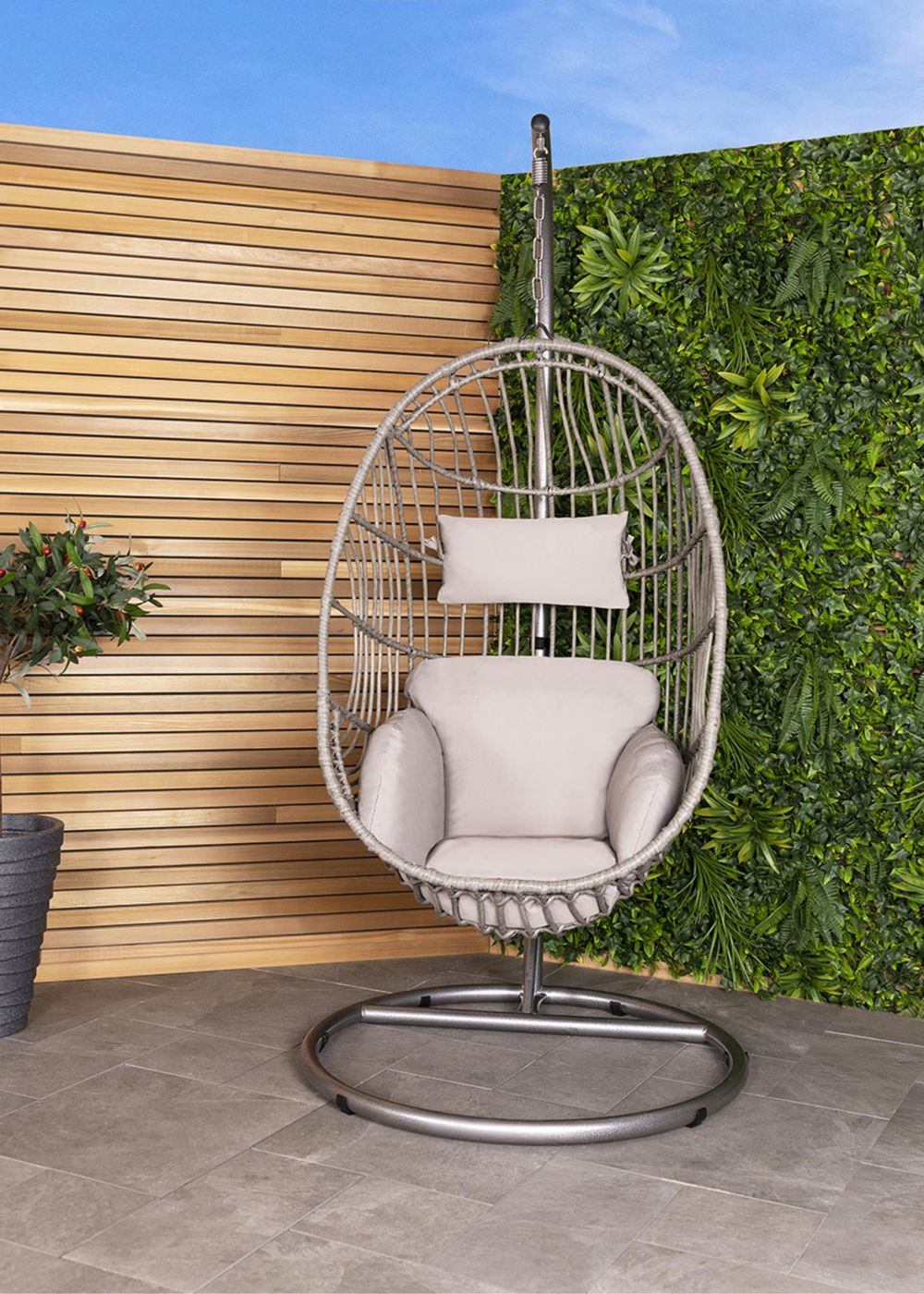 Charles Bentley Hanging Egg Shaped Rattan Grey Swing Chair With Cushion (H195 x W95 x D80cm) - One Size Image 1
