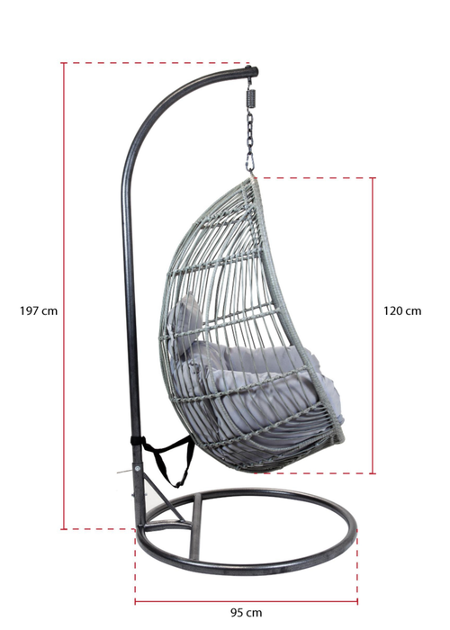 Charles Bentley Hanging Egg Shaped Rattan Grey Swing Chair With Cushion (H195 x W95 x D80cm) - One Size Image 3