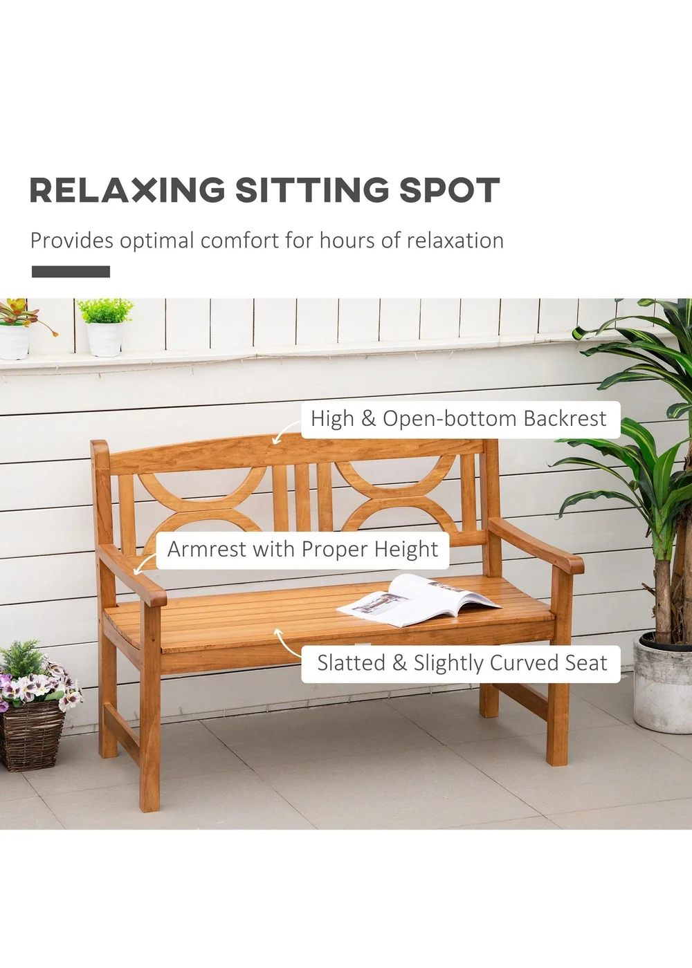 Outsunny Natural 2-Seater Chair Wooden Garden Bench - One Size Image 5