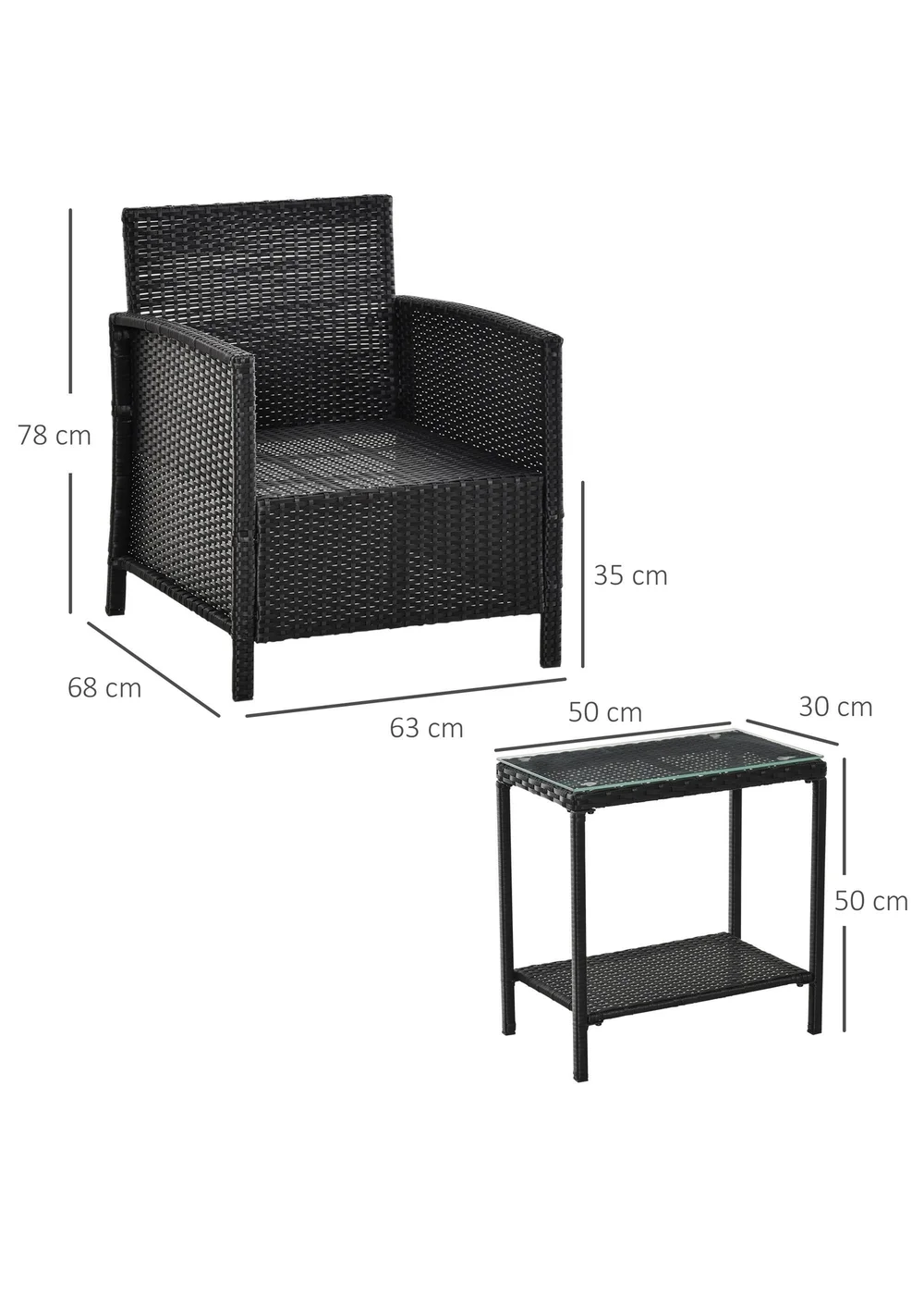Outsunny Black Outdoor Rattan Sofa with Chairs Table Cushion 3 PC - One Size Image 3