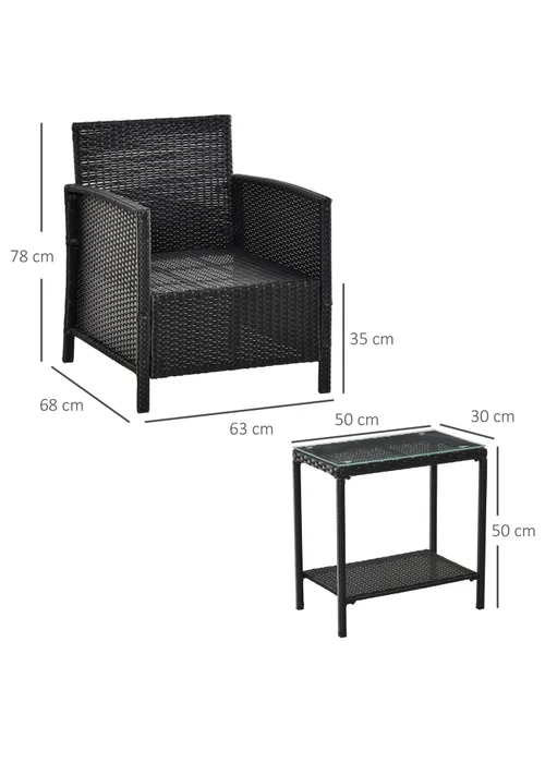 Outsunny Black Outdoor Rattan Sofa with Chairs Table Cushion 3 PC - One Size Image 3