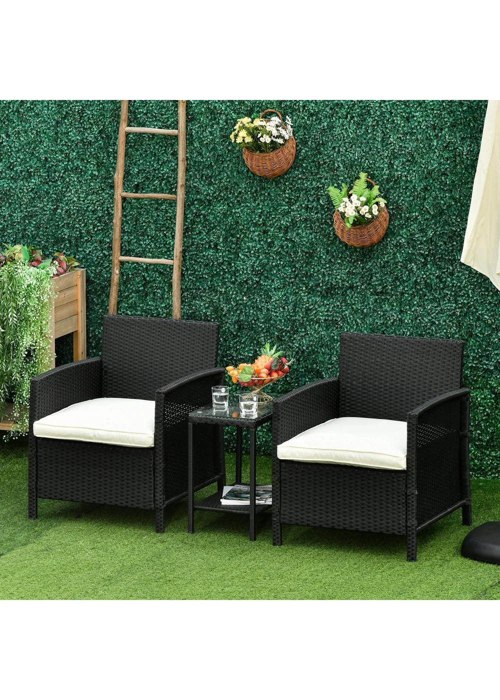 Outsunny Black Outdoor Rattan Sofa with Chairs Table Cushion 3 PC - One Size Image 1