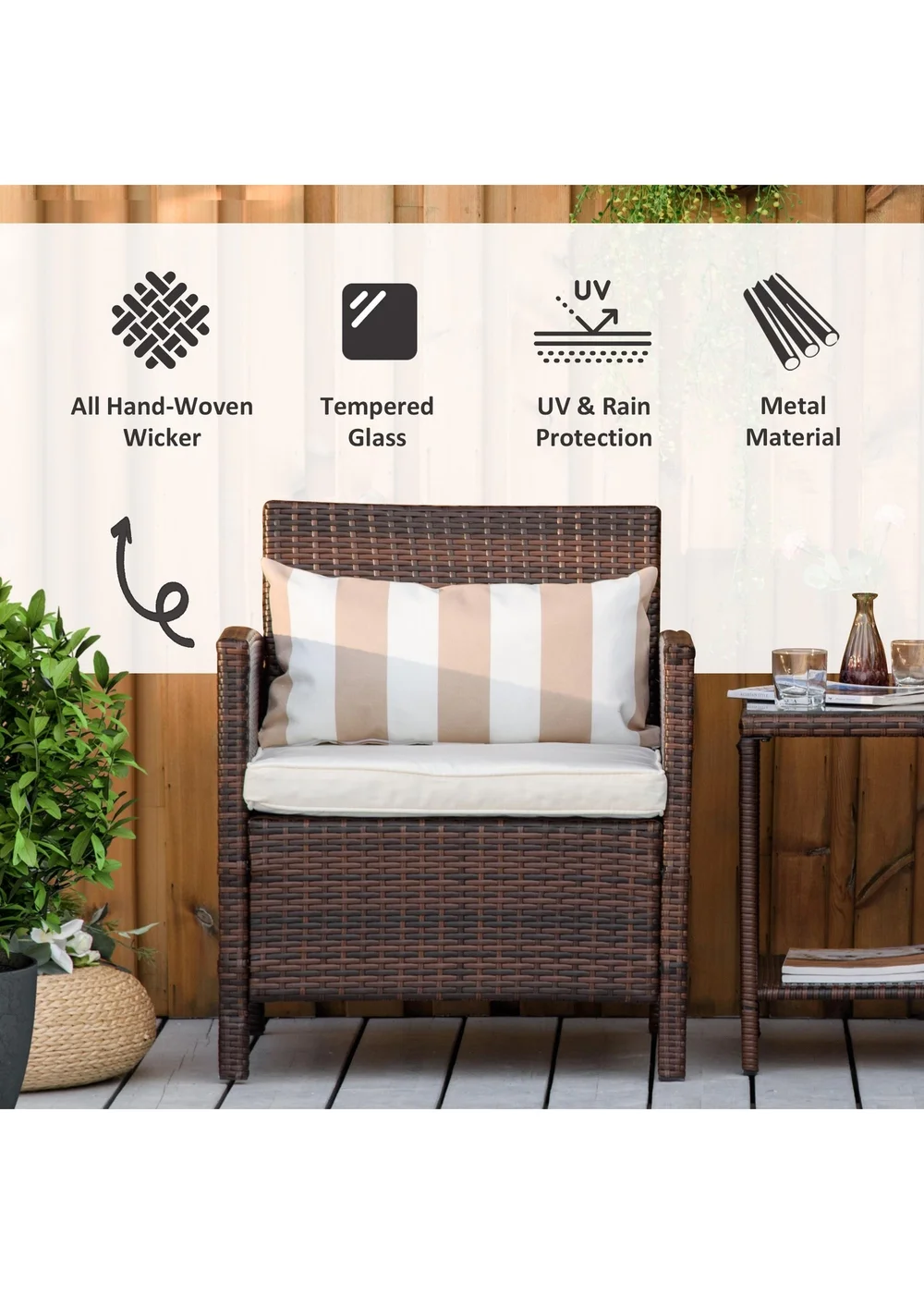 Outsunny Brown Outdoor Rattan Sofa with Chairs Table Cushion 3 PC - One Size Image 4