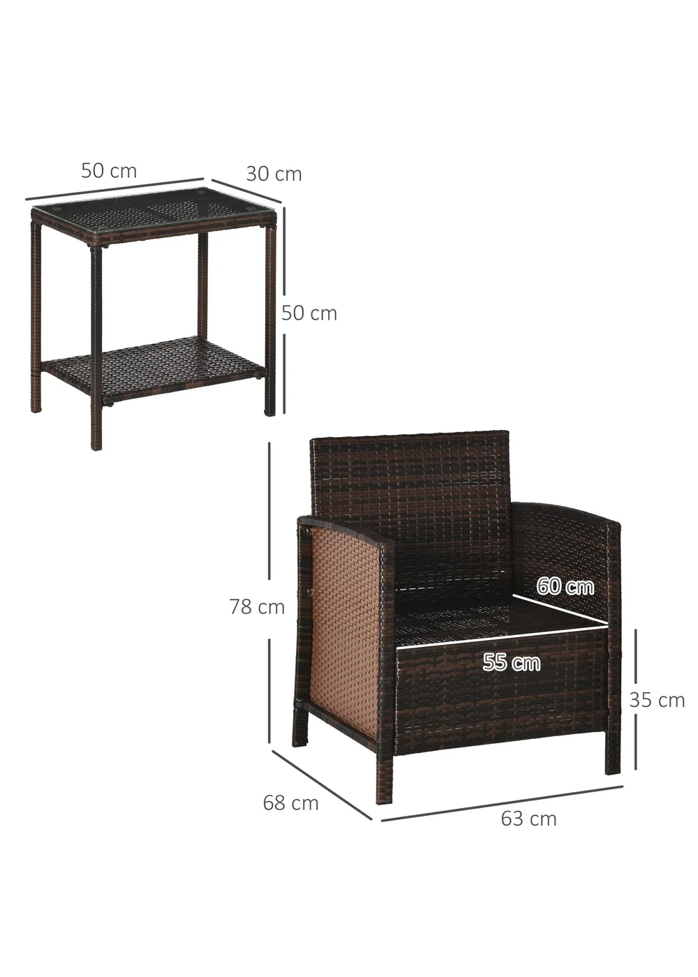 Outsunny Brown Outdoor Rattan Sofa with Chairs Table Cushion 3 PC - One Size Image 3