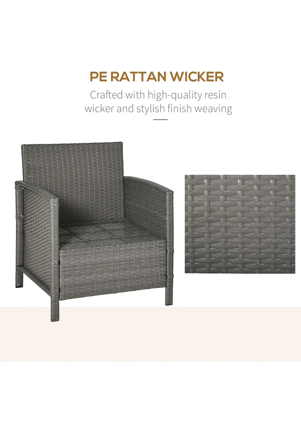 Outsunny Grey Outdoor Rattan Sofa with Chairs Table Cushion 3 PC - One Size Image 5