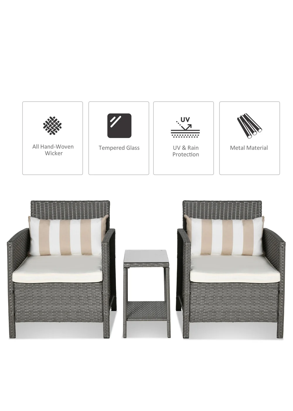 Outsunny Grey Outdoor Rattan Sofa with Chairs Table Cushion 3 PC - One Size Image 4