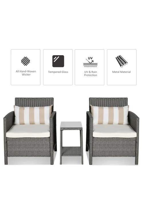 Outsunny Grey Outdoor Rattan Sofa with Chairs Table Cushion 3 PC - One Size Image 4