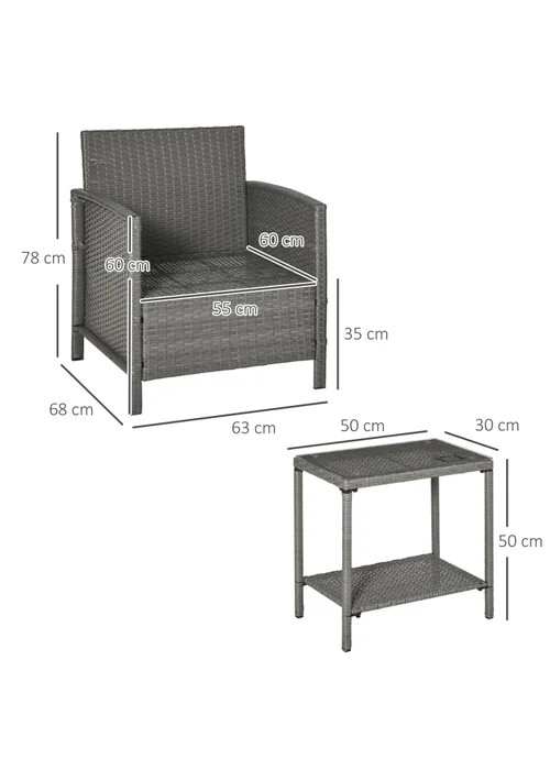 Outsunny Grey Outdoor Rattan Sofa with Chairs Table Cushion 3 PC - One Size Image 3