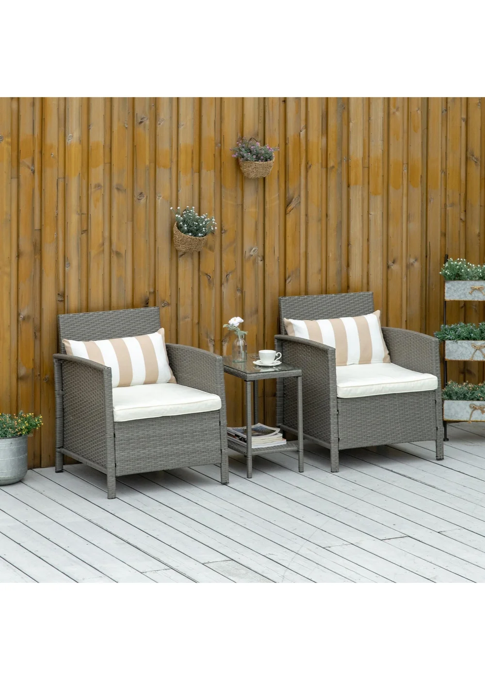 Outsunny Grey Outdoor Rattan Sofa with Chairs Table Cushion 3 PC - One Size Image 1