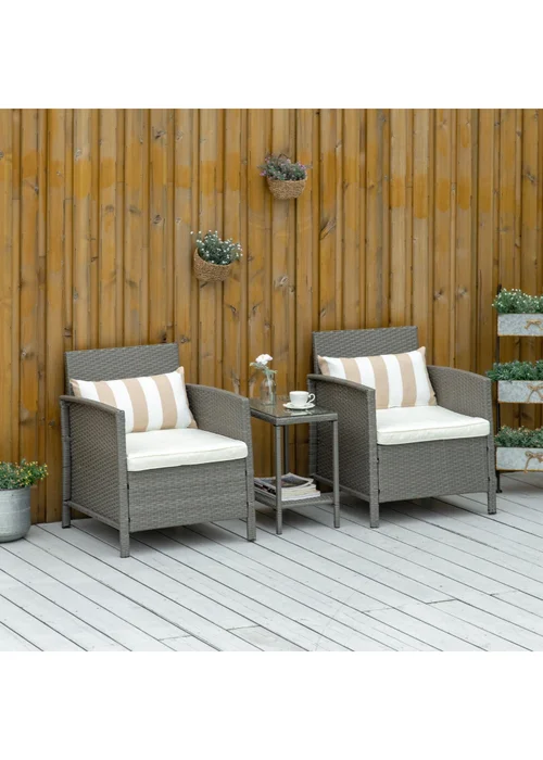 Outsunny Grey Outdoor Rattan Sofa with Chairs Table Cushion 3 PC - One Size Image 1