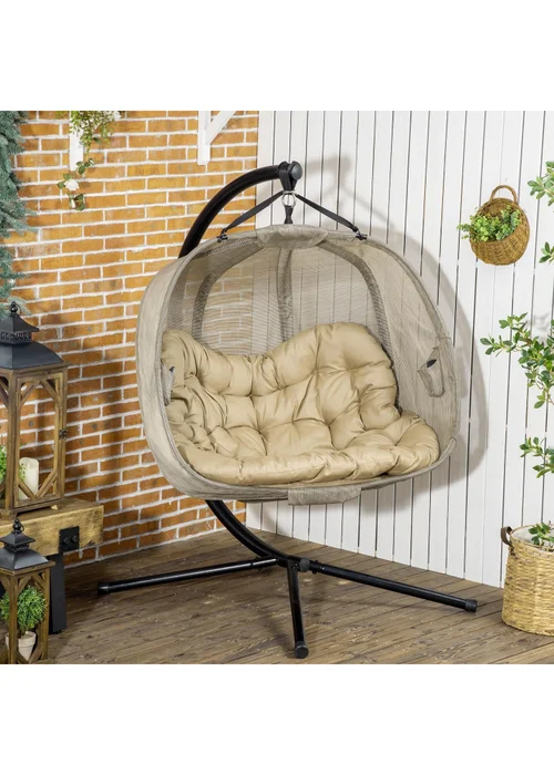 Outsunny Brown Double Hanging Egg Chair Swing Hammock with Cushion - One Size Image 1