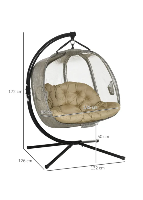 Outsunny Brown Double Hanging Egg Chair Swing Hammock with Cushion - One Size Image 3