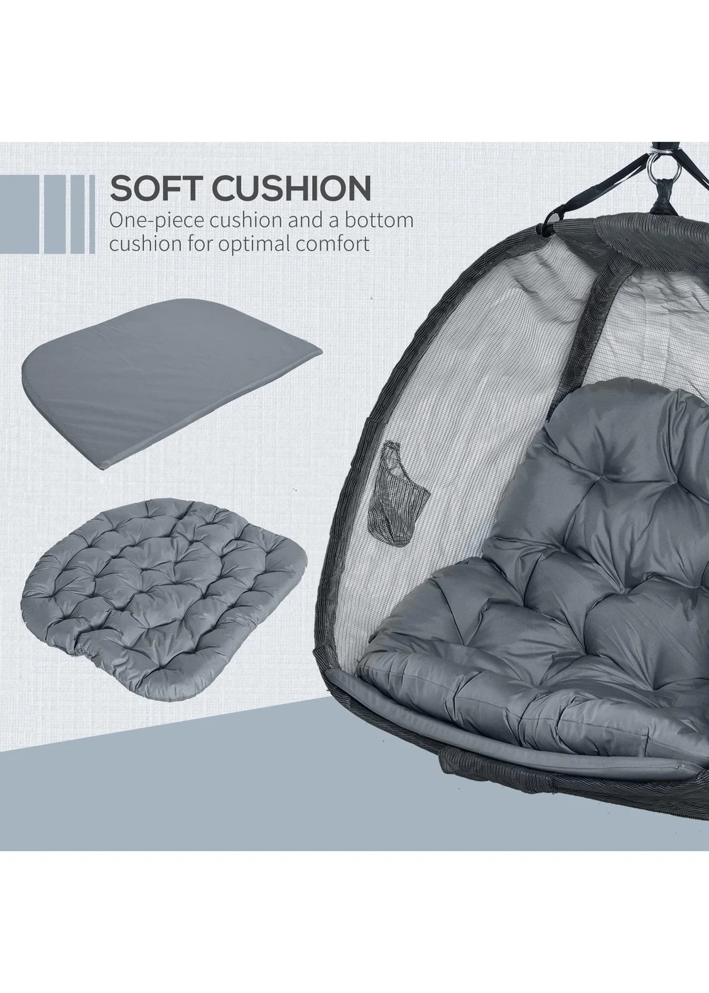Outsunny Grey Double Hanging Egg Chair Swing Hammock with Cushion - One Size Image 5
