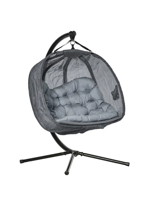 Outsunny Grey Double Hanging Egg Chair Swing Hammock with Cushion - One Size Image 2