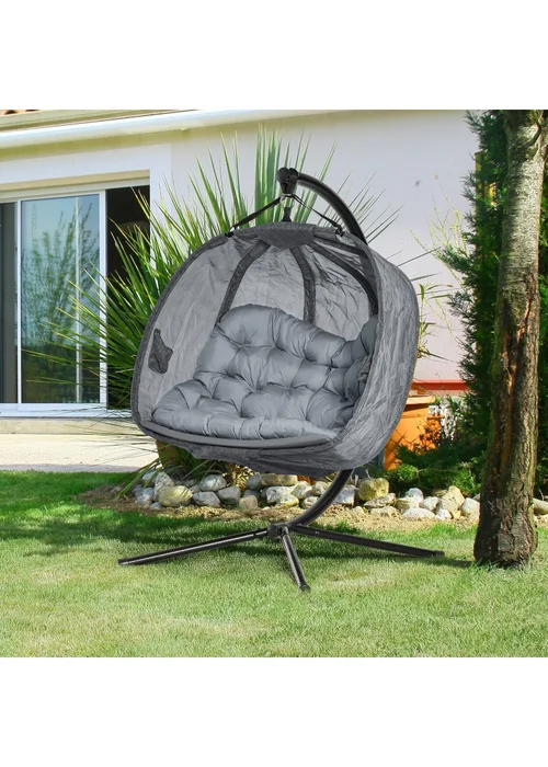 Outsunny Grey Double Hanging Egg Chair Swing Hammock with Cushion - One Size Image 1