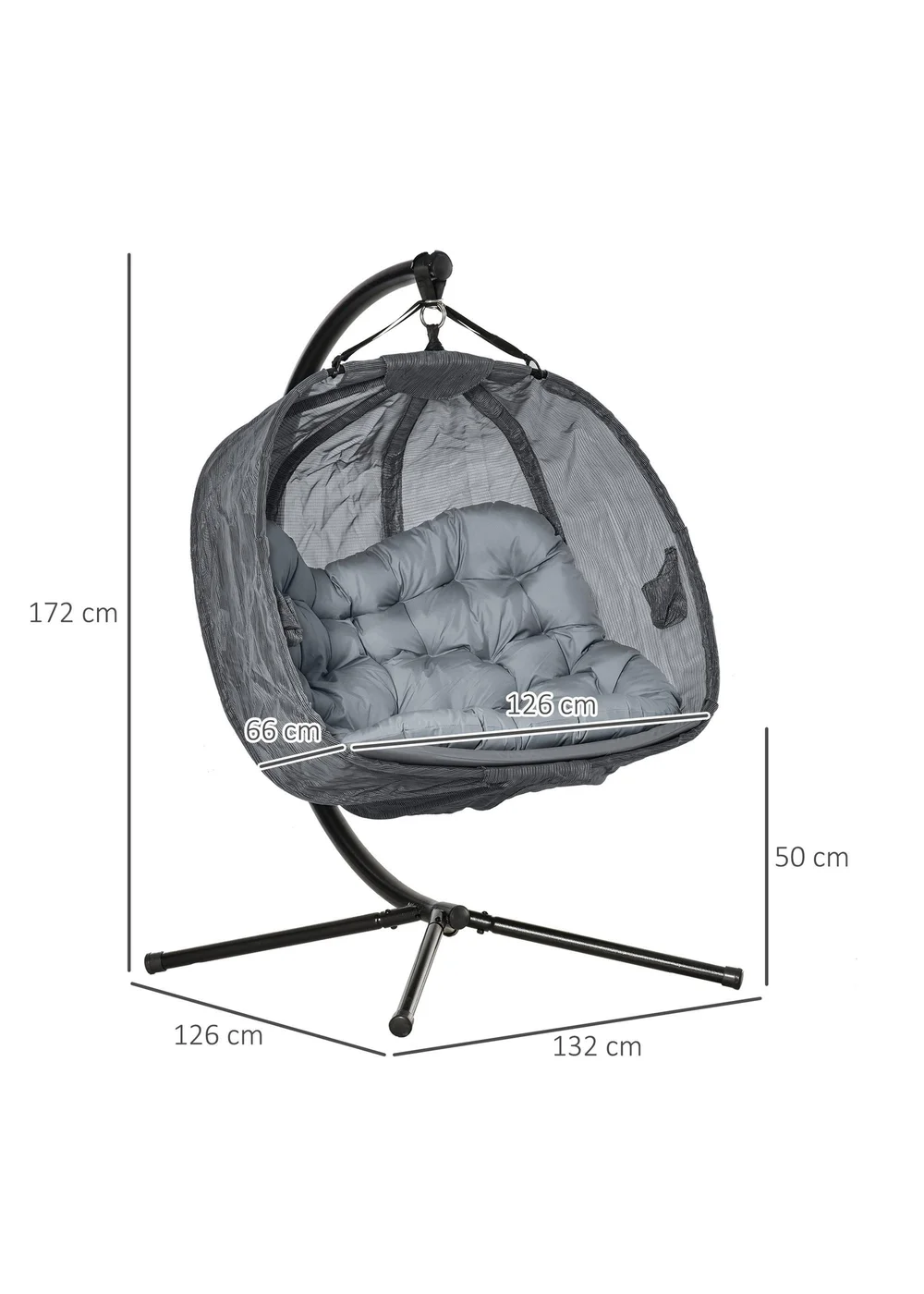 Outsunny Grey Double Hanging Egg Chair Swing Hammock with Cushion - One Size Image 3