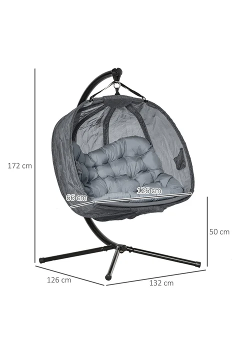 Outsunny Grey Double Hanging Egg Chair Swing Hammock with Cushion - One Size Image 3