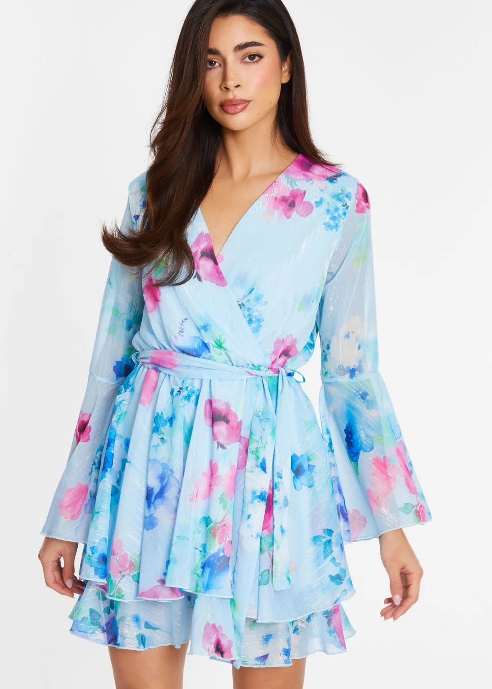 Quiz Blue Floral Chiffon Skater Dress - 6 Image 1