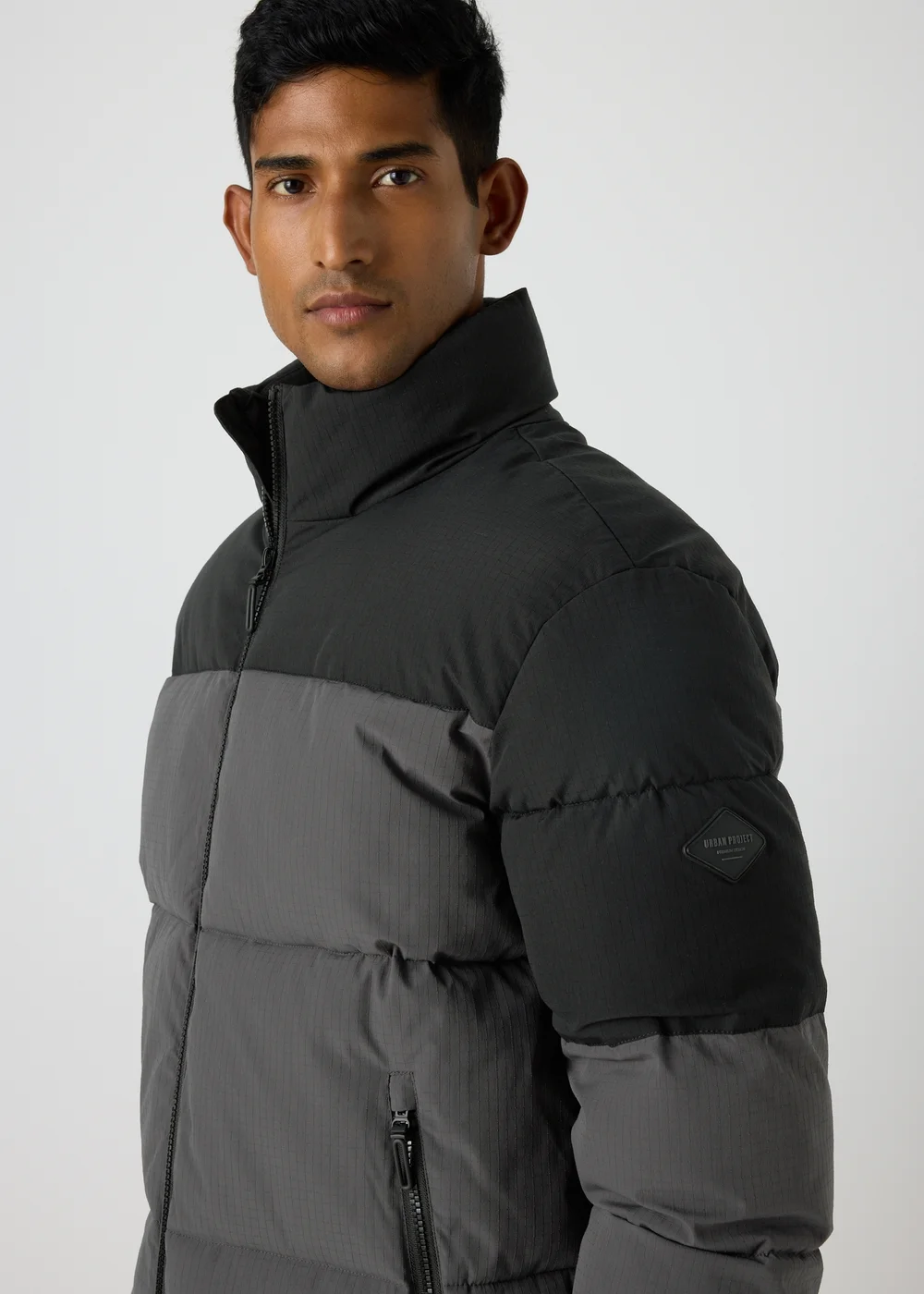 Grey Colour Block Showerproof Puffer Coat - Small Image 3