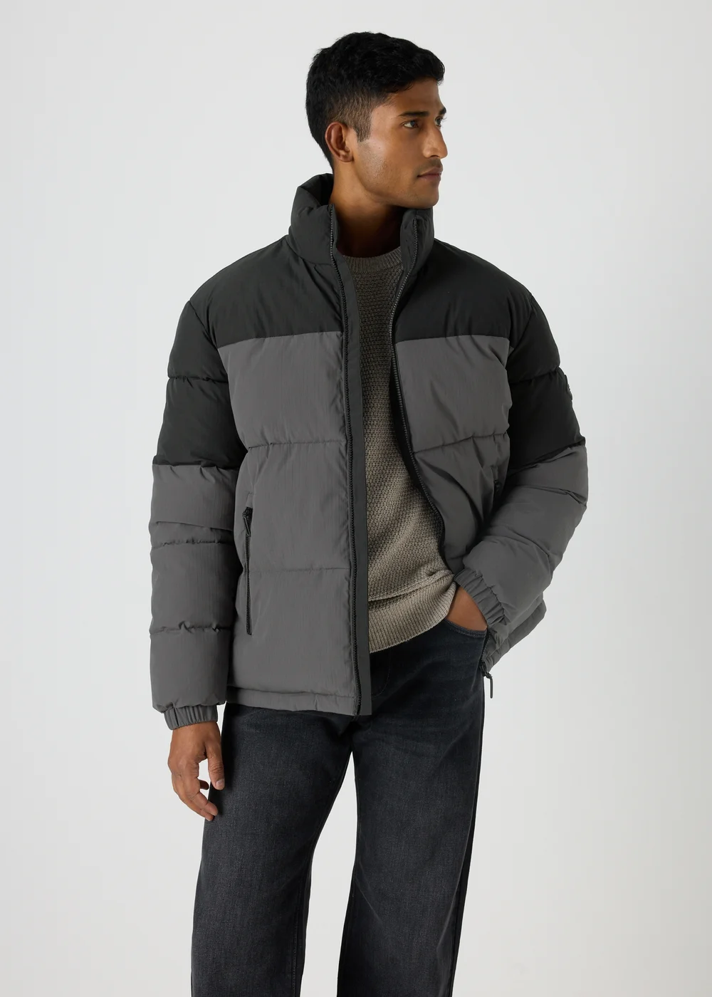Grey Colour Block Showerproof Puffer Coat - Small Image 1