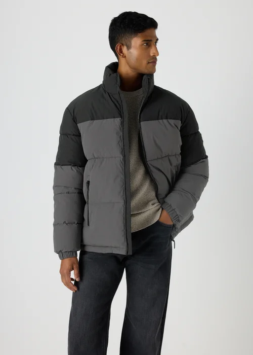 Grey Colour Block Showerproof Puffer Coat - Small Image 1